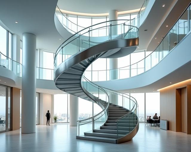 A stunning helical metal staircase in a modern office building.